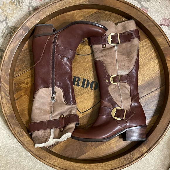 Charles David Shoes - CHARLES DAVID Brown Tan Buckle Moto Sherpa Lined Boots Size 37 US 6.5